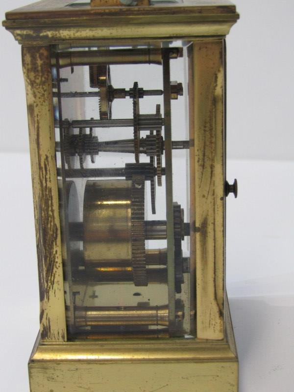 BRASS CARRIAGE CLOCK, plain casing with bevelled glass panels, stamped to reverse "WJH", 12cm height - Image 2 of 7