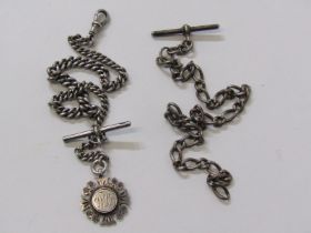 2 SILVER ALBERT STYLE CHAINS, both with T bars, 1 with fob, combined weight approx. 65 grams