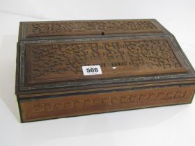 EASTERN WRITING BOX, 19th Century carved cedar wood writing slope box with animal and palace detail,