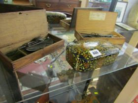 VINTAGE BALANCE SCALES, 2 oak cased balance scales; also Oriental lacquered floral design jewel box