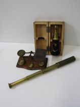 VINTAGE POSTAL SCALES with 3 graduated brass weights, also a student's cased laquered brass and