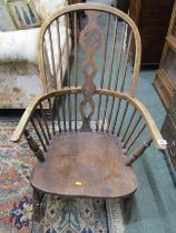 19th CENTURY WINDSOR ARMCHAIR, pierced central splat with H stretcher - legs reduced