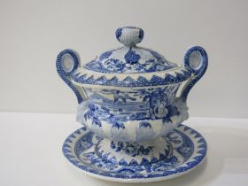 ANTIQUE BLUE TRANSFER WARE, early 19th century "India vase" pattern, twin handled tureen and