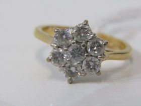 18ct YELLOW GOLD DIAMOND DAISY CLUSTER RING, 7 bright brilliant cut diamonds, totalling approx. 1