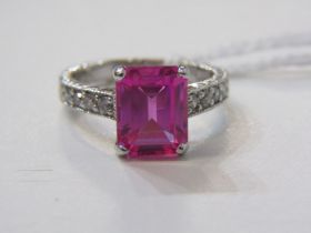 FABULOUS 14ct WHITE GOLD PINK SAPPHIRE AND DIAMOND RING, large emerald cut pink sapphire in excess