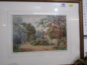 LEWIS PYNHORN-WOOD, signed and dated watercolour 1894, "Woodland path with Cottage" 21cm x 32cm