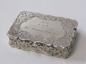 MID VICTORIAN SILVER SNUFF BOX, shaped edge rectangular body with presentation inscription,