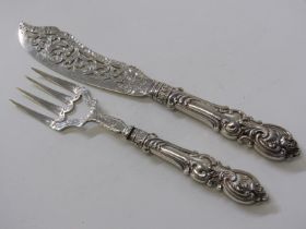VICTORIAN PAIR OF ORNATE SILVER FISH SERVERS with pierced and engraved blades, Birmingham 1850,