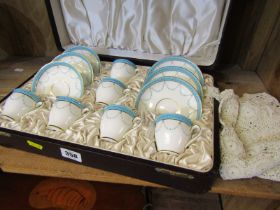 MINTONS CASED COFFEE SET, a set of 6 Mintons coffee cans and saucers with turquoise and gilt