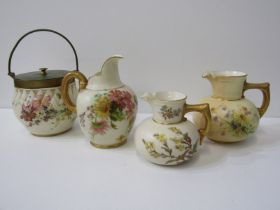 ROYAL WORCESTER, 3 graduated floral painted and gilt handled ivory ground and peach ground jugs,