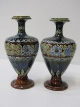 DOULTON LAMBETH STONEWARE, pair of Art Nouveau design 14cm vases, floral and foliate banding on blue