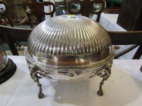 SILVER PLATE, a Victorian silver plate tambour topped breakfast tureen on stand
