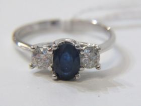 18ct WHITE GOLD 3 STONE SAPPHIRE & DIAMOND RING, principal oval cut royal blue sapphire with