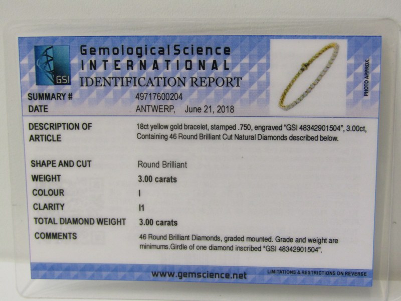 18ct YELLOW GOLD DIAMOND SET LINE BRACELET, complete with gemological science international - Image 5 of 5