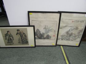 ORIENTAL ART, 3 various signed Japanese watercolours, 1 depicting flower study and riverscape,