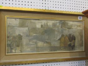 J. SYLVESTER signed oil on board "Fishermen on Quayside" 20cm x 52cm