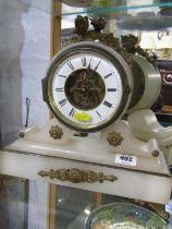 FRENCH MANTEL CLOCK, gilt mounted alabaster mantel clock with open escapement dial and bird