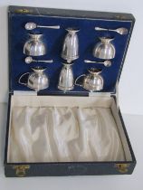 SILVER CONDIMENT SET, cased 6 piece condiment set with spoon (1 glass liner missing) Birmingham