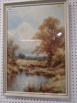 HENRY H. PARKER, signed watercolour, "Cattle watering near Shalford, Surrey", 53cm x 35cm