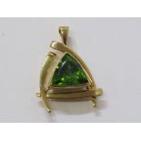 UNUSUAL LARGE 18ct YELLOW GOLD PERIDOT PENDANT, trillion cut peridot in excess of 15 carat in