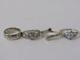 SELECTION OF 4 SILVER RINGS, 2 stone set, 1 cross over, 1 ring to bind them all, Lord of the Rings