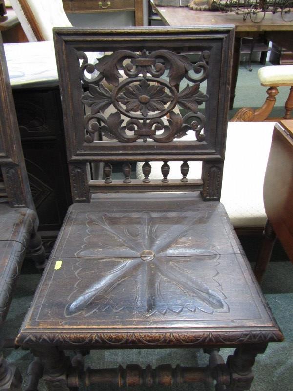 CARVED HALL CHAIRS, pair of oak framed solid seat hall chairs with pierced carved foliate back and - Image 2 of 2