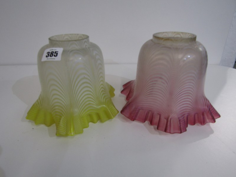 LAMPSHADES, 2 opaque glass lamp shades, 1 with cranberry decoration, other yellow decoration, 15cm
