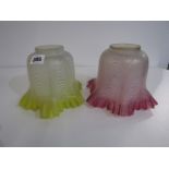 LAMPSHADES, 2 opaque glass lamp shades, 1 with cranberry decoration, other yellow decoration, 15cm