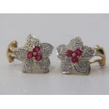 RUBY & DIAMOND EARRINGS, pair of ruby and diamond flower design clip earrings set in 14ct yellow