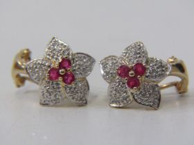 RUBY & DIAMOND EARRINGS, pair of ruby and diamond flower design clip earrings set in 14ct yellow