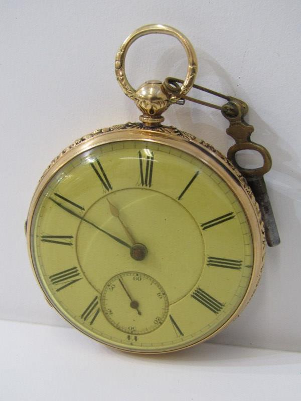 GOLD CASED POCKET WATCH, 18ct yellow gold key wind pocket watch with white enamel dial and secondary