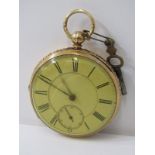 GOLD CASED POCKET WATCH, 18ct yellow gold key wind pocket watch with white enamel dial and secondary