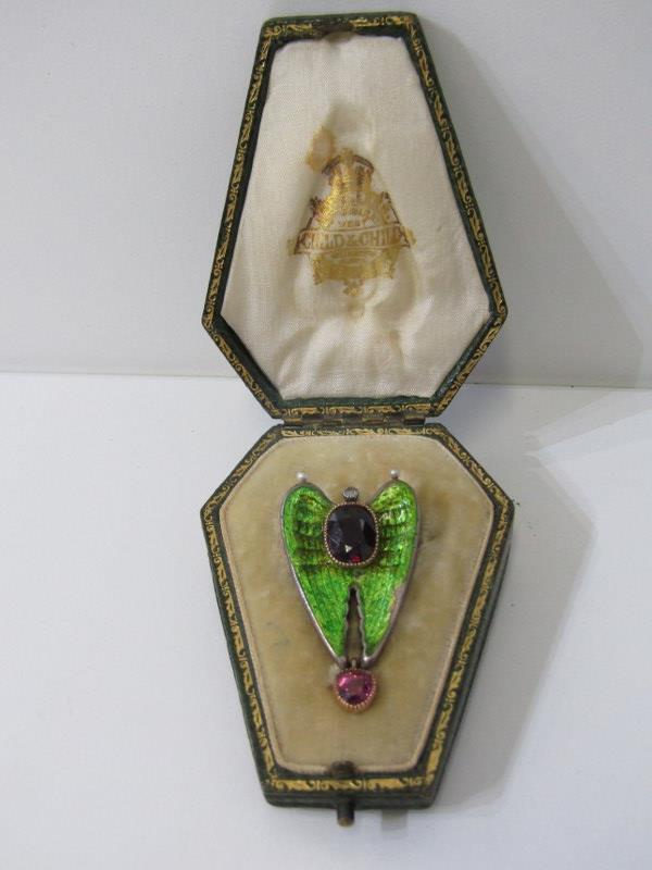 UNUSUAL ENAMEL DESIGN ANGEL WINGS BROOCH, in fitted case of sarcophagus form, set with accent