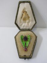 UNUSUAL ENAMEL DESIGN ANGEL WINGS BROOCH, in fitted case of sarcophagus form, set with accent