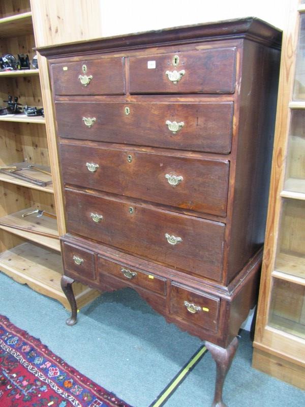 18th CENTURY CHEST ON STAND, walnut chest, fitted 2 short and 3 long drawers, base fitted 3 - Image 3 of 9