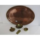 ARTS & CRAFTS COPPER TRAY, marked "HW" (Hugh Wallace), the oval tray decorated a floral basket to