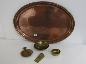 ARTS & CRAFTS COPPER TRAY, marked "HW" (Hugh Wallace), the oval tray decorated a floral basket to