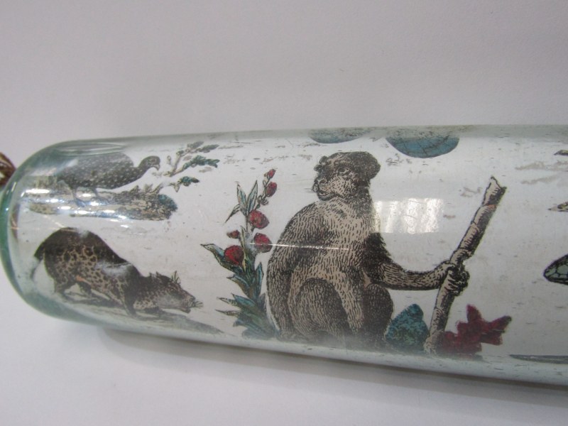 ANTIQUE GLASS, antique glass rolling pin, internally decorated with prints including military - Image 7 of 10