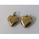 HEART SHAPED PENDANTS, 2 yellow metal heart shaped pendants, with foliate engraved decoration,