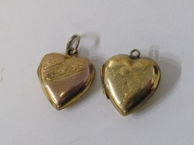 HEART SHAPED PENDANTS, 2 yellow metal heart shaped pendants, with foliate engraved decoration,