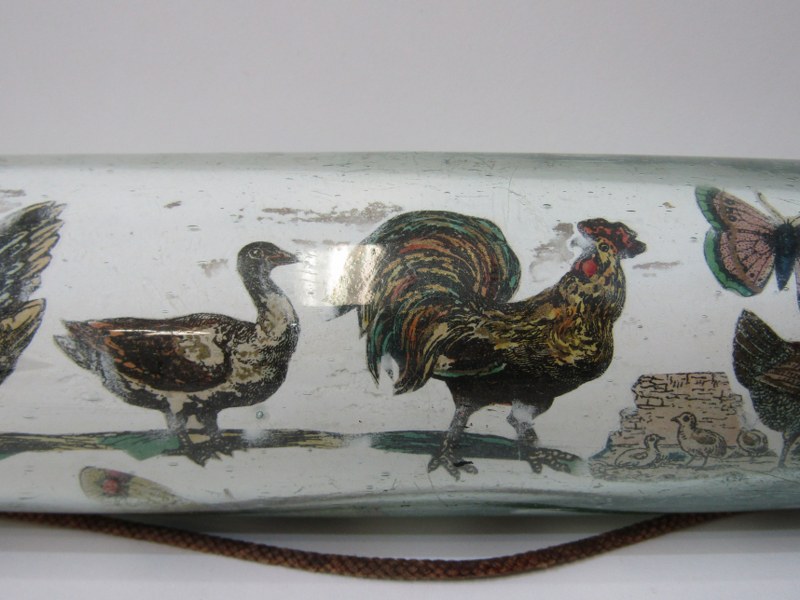 ANTIQUE GLASS, antique glass rolling pin, internally decorated with prints including military - Image 3 of 10