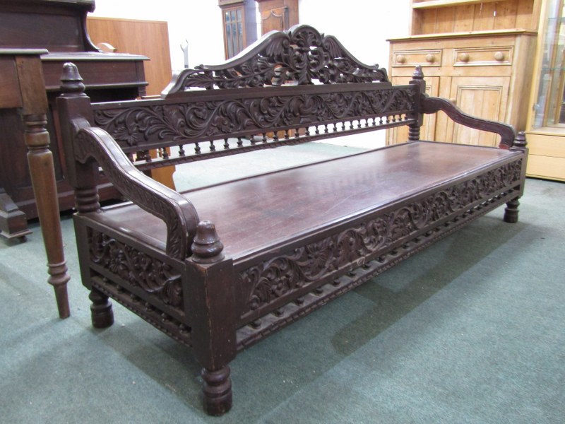 VICTORIAN CARVED MAHOGANY FRAMED SETTEE, with foliate carved panel back and front rail panel seat, - Image 3 of 3