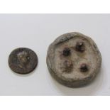 ROMAN ARTIFACTS, Roman weight, 6cm diameter together with a Roman coin