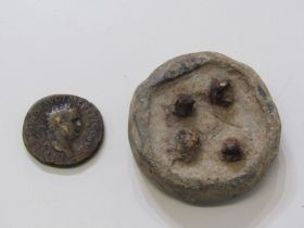 ROMAN ARTIFACTS, Roman weight, 6cm diameter together with a Roman coin