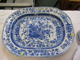 LARGE STAFFORDSHIRE MEAT PLATE with gravy well, with floral transfer print decoration, 62cm width