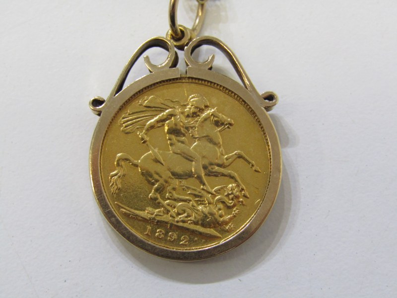 SOVEREIGN PENDANT ON CHAIN, a Victorian 1892 gold sovereign set in a 9ct gold mount on a 21'' gold - Image 2 of 3