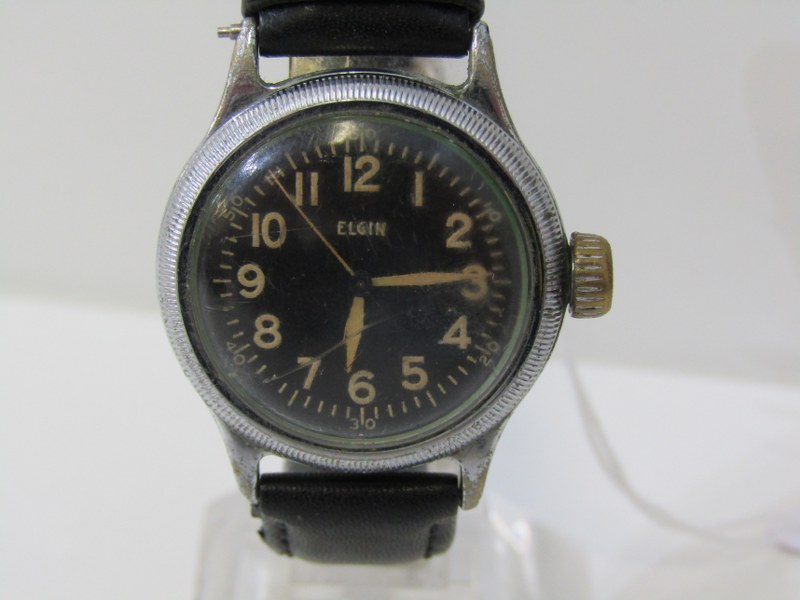 ELGIN MILITARY WRISTWATCH, a black dialled wristwatch in plated case with leather straps with