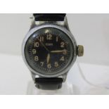 ELGIN MILITARY WRISTWATCH, a black dialled wristwatch in plated case with leather straps with