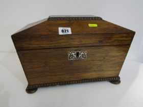 19TH CENTURY TEA POY, walnut veneered twin handled shaped tea caddy with MOP inlay, with 2 fitted