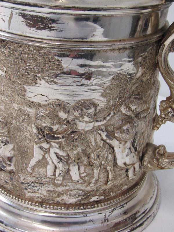 19th CENTURY PLATED BEER JUG, body decorated a continuous landscape of putti in relief with mask - Image 2 of 9